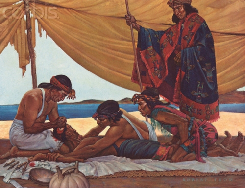 ca. 1957-1965 --- A lithograph depicting trepanation performed by a first century Peruvian physician, from a portfolio by Robert Thom illustrating the history of medicine. --- Image by © Blue Lantern Studio/Corbis